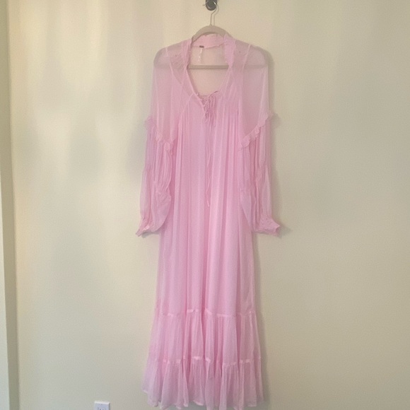 $198 FREE PEOPLE BLOUSON MIDI DRESS NEW PINK SHEER SILKY NEW MAXI LARGE - Picture 8 of 11
